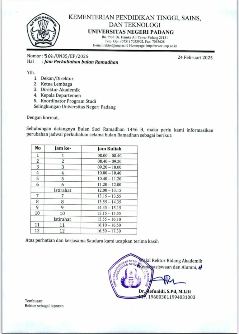 UNP Tetapkan Perubahan Jam Perkuliahan Selama Ramadhan 1446 H