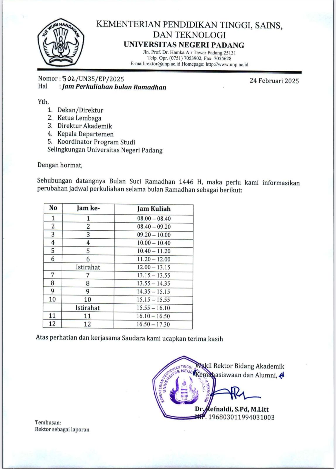 UNP Tetapkan Perubahan Jam Perkuliahan Selama Ramadhan 1446 H
