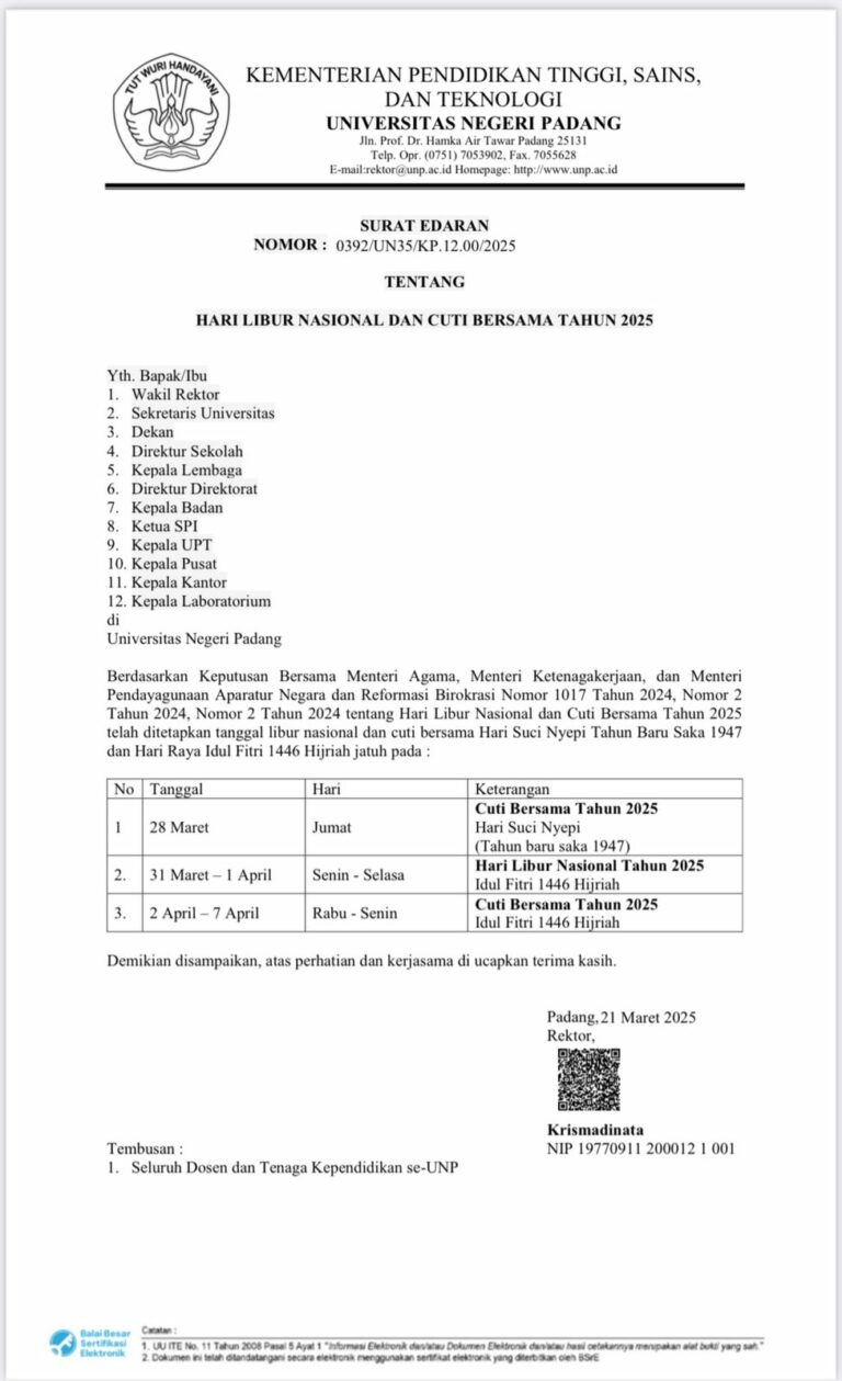 UNP Terbitkan Surat Edaran Tentang Hari Libur dan Cuti Bersama Idul Fitri 1446 H